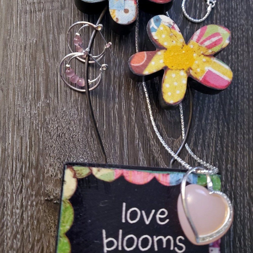 Silver tone Pink Heart Necklace and Hoop Earrings
